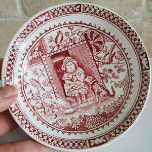 Antique Little Mae & Dog Low Bowl China Staffordshire Transferware Red 4.5" Dish